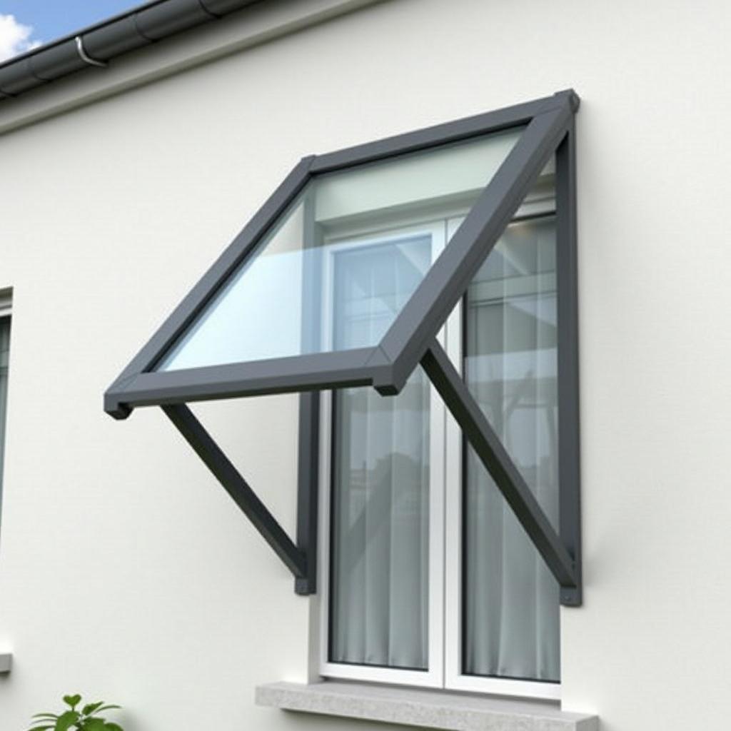 Mẫu mái che cửa sổ chữ A hiện đại bằng tấm polycarbonate trong suốt, khung nhôm tối màu